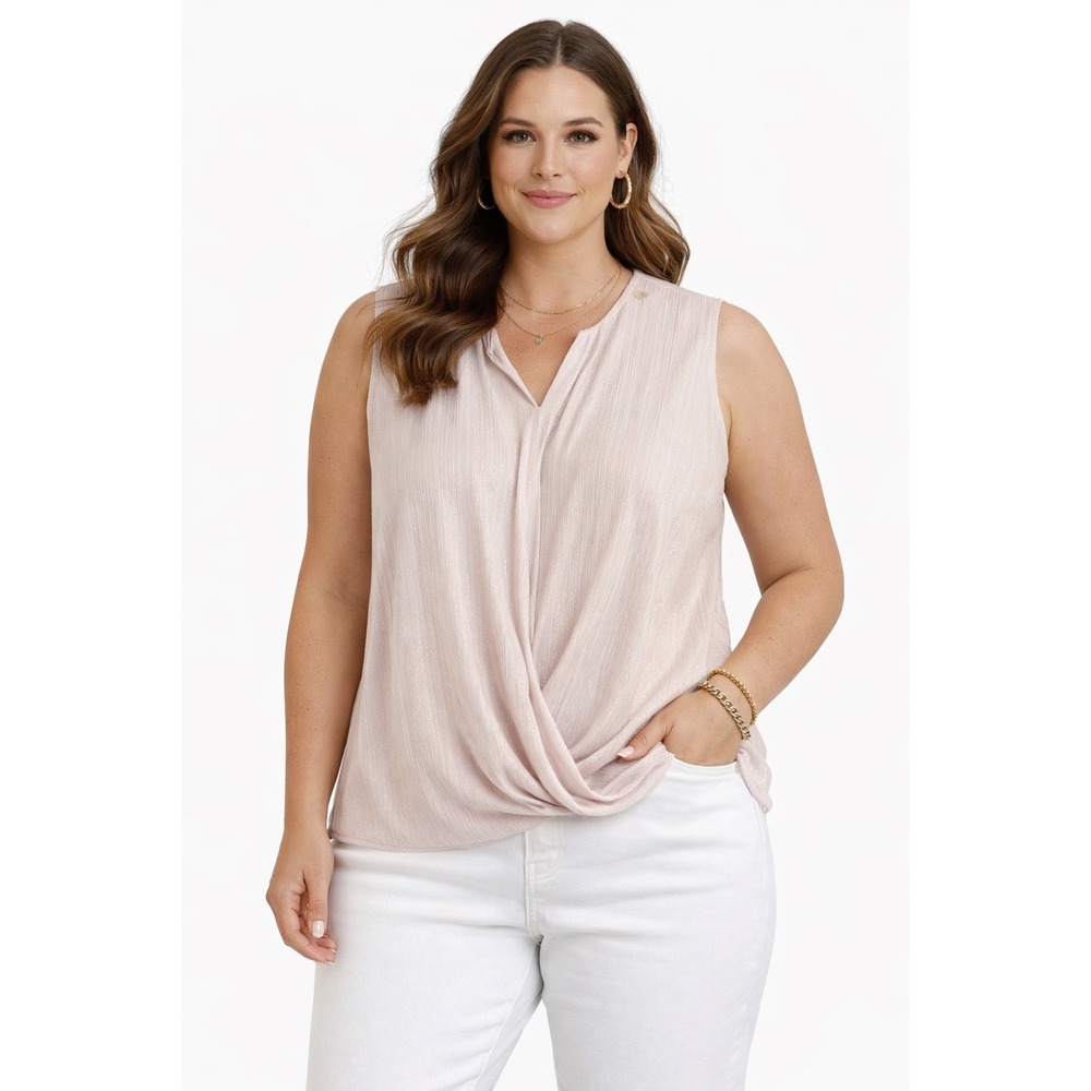 Tahari Sleeveless Blouse Womens Large Pink Metallic Wrap Front Drape Elegant Top